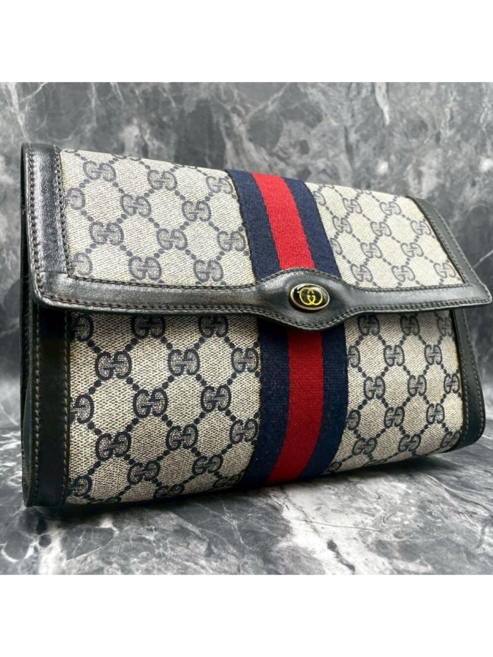 ★SOLD★ Gucci GG Sherry Line Clutch Navy Logo Leather - Picture 1 of 10